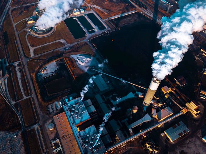 High angle view of factory in city