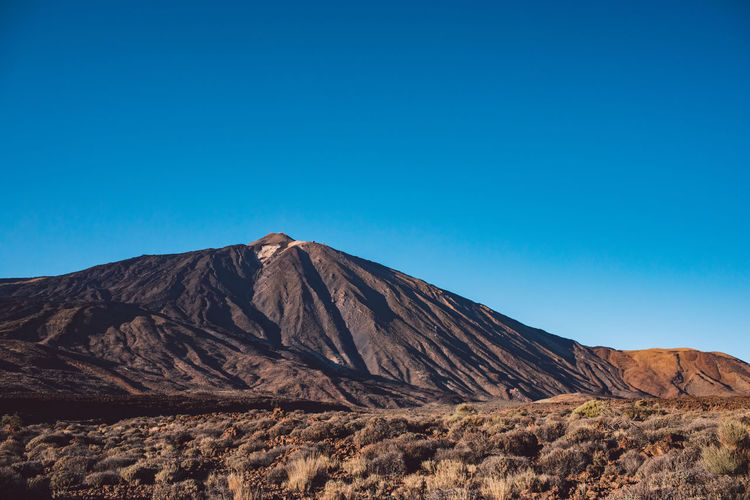 Scenic view of arid landscape against clear blue sky