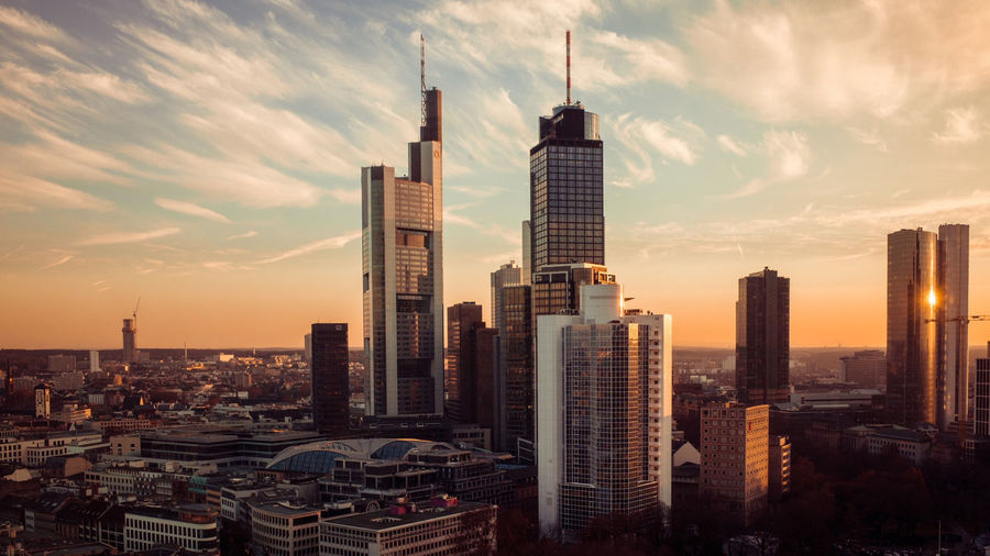 City skyline at sunset