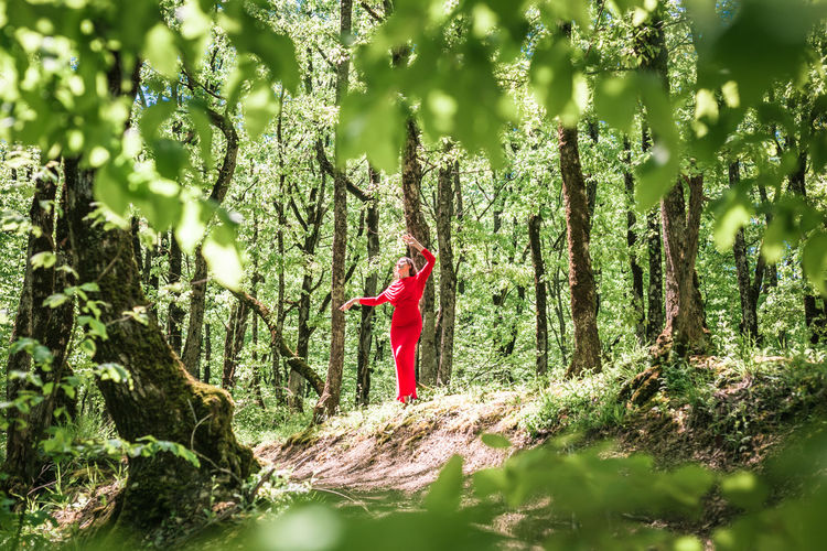 Rear view of woman walking on rock in forest