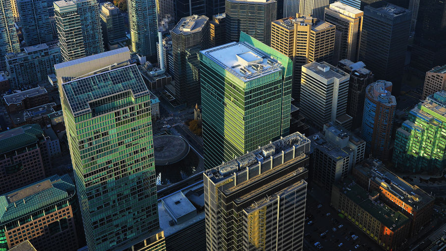 High angle view of modern buildings in city