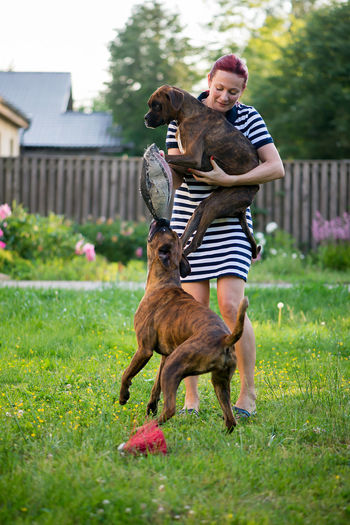 Woman playing with dogs in yard