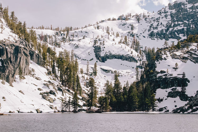 Small peaceful lake in snowy mountains. eagle lake, tahoe, california