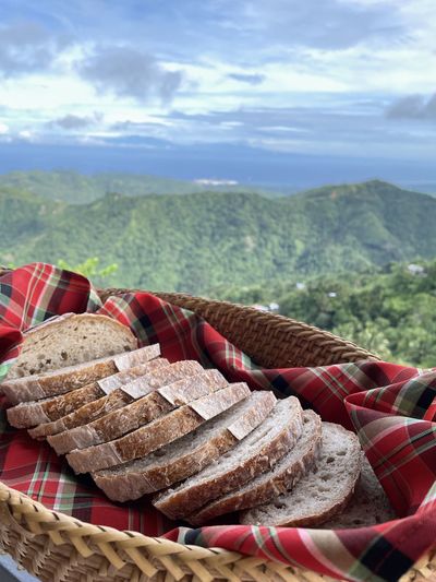 Close-up of bread in basket on field against sky