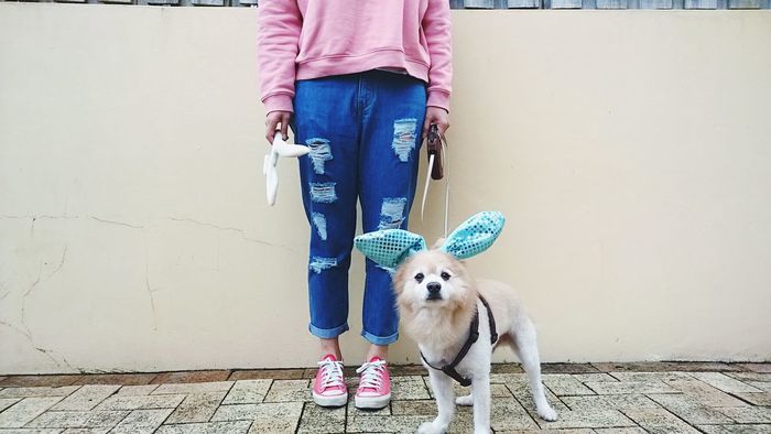 Woman standing with dog against wall