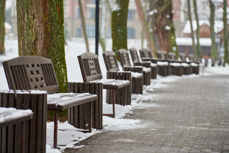 Row of empty chairs in snow
