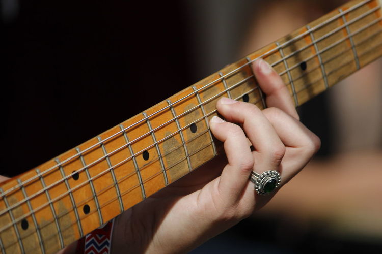 Close-up of hand playing guitar