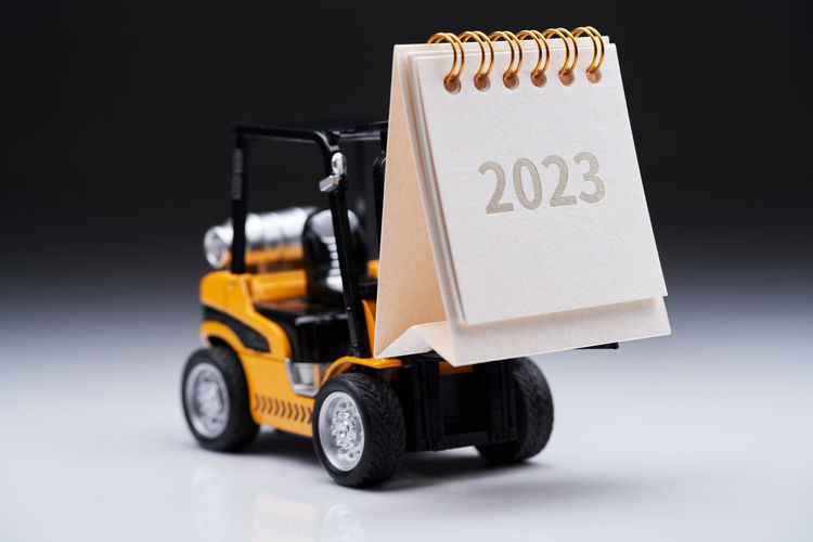 Close up of the 2023 desk calendar on forklift