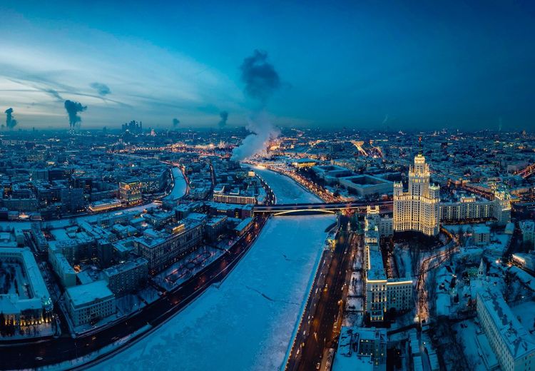 Aerial view of cityscape at night