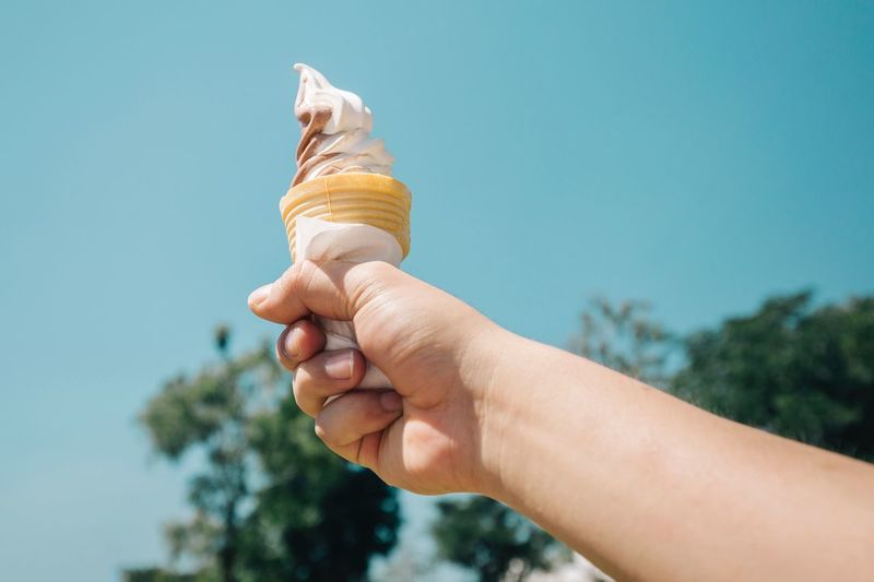 Close-up of hand holding ice cream against sky