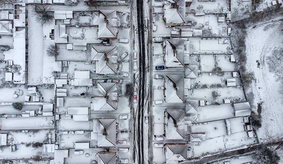 Aerial photo of drone footage of ipswich following heavy snowfall from storm darcy in february 2021