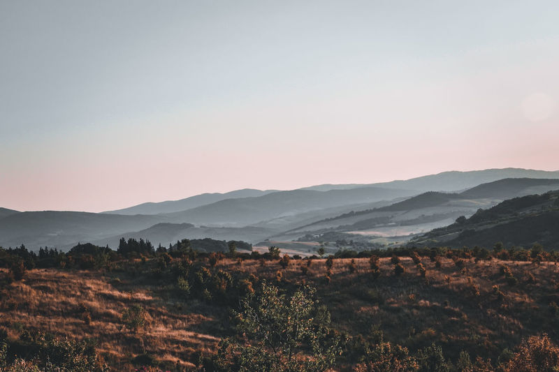 Scenic view of landscape against clear sky during sunset