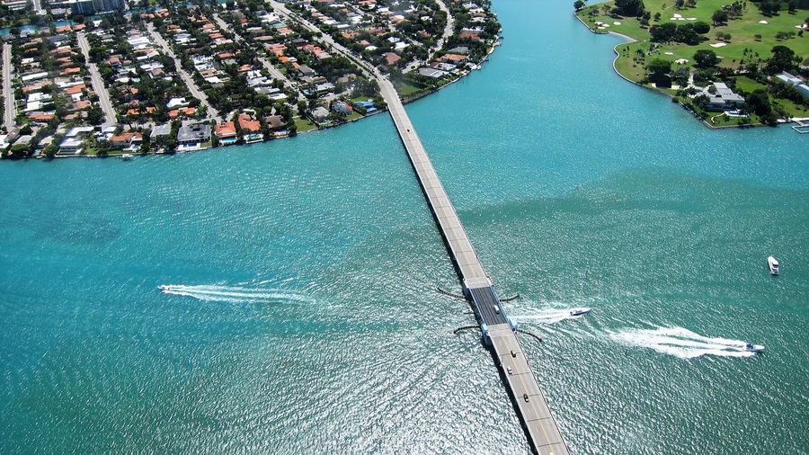 Aerial view from seaplane of boats near indian creek and bay harbor islands in miami, florida.
