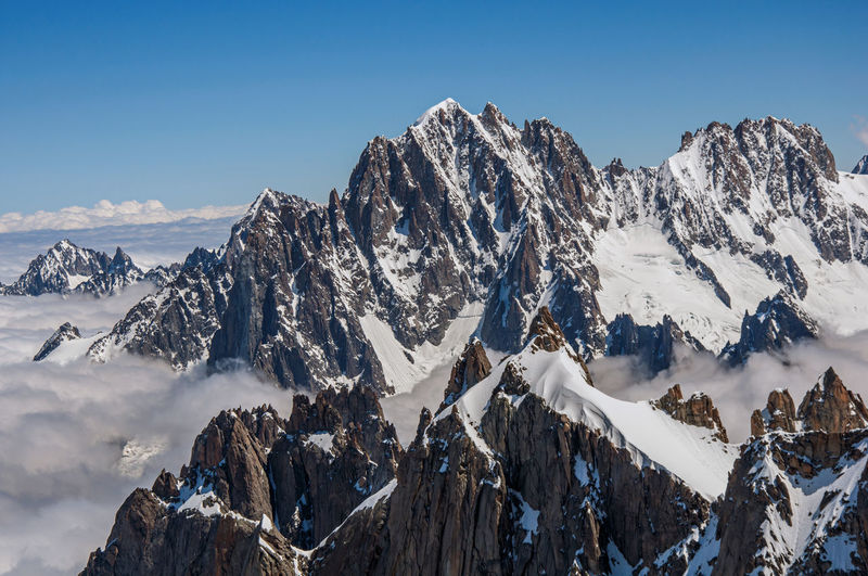 Close-up of snowy peaks and mountains, viewed from the aiguille du midi, near chamonix, france.