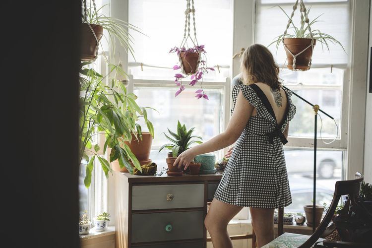 Young woman in dress repots her plants at a desk