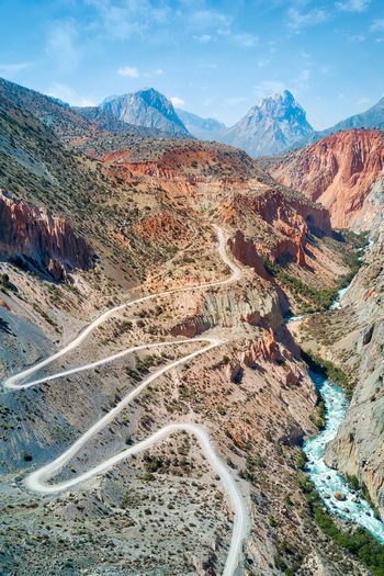 Aerial view of landscape with mountain range in background