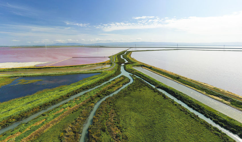 Multi colored water in ponds and stream in salt marsh in sf bay aerial