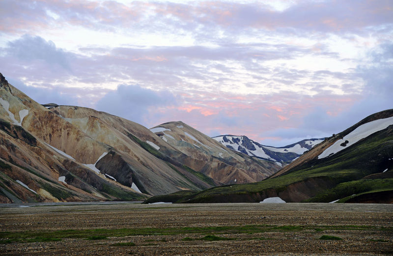 Scenic view of field and mountains against sky