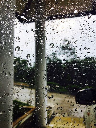 Full frame shot of wet glass window in rainy season