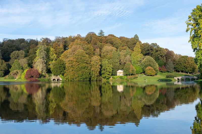 View of the autumn colours around the lake at stourhead gardens in wiltshire