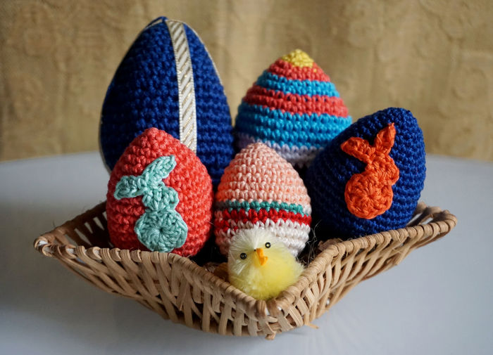 Close-up of easter eggs in wicker basket