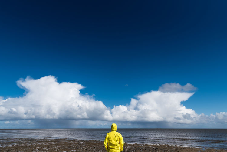 Rear view of person standing at beach against blue sky