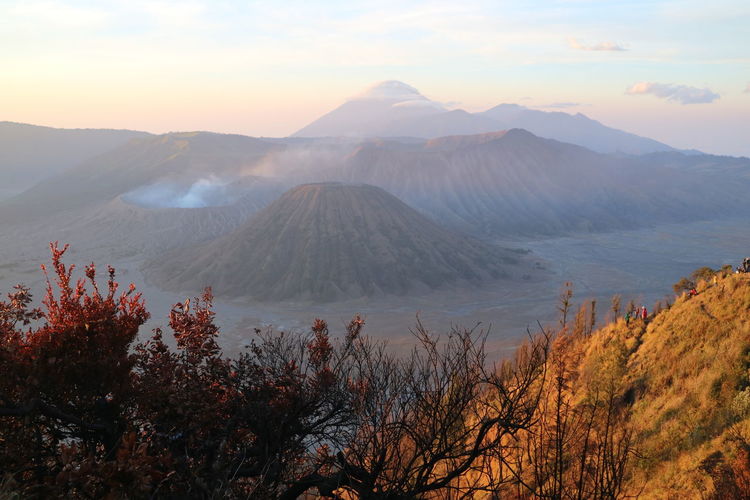 Breathtaking morning view from sunrise point mountain bromo. malang, indonesia.