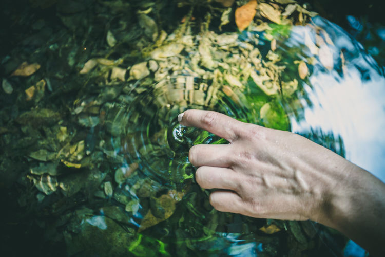 Close-up of hand touching water