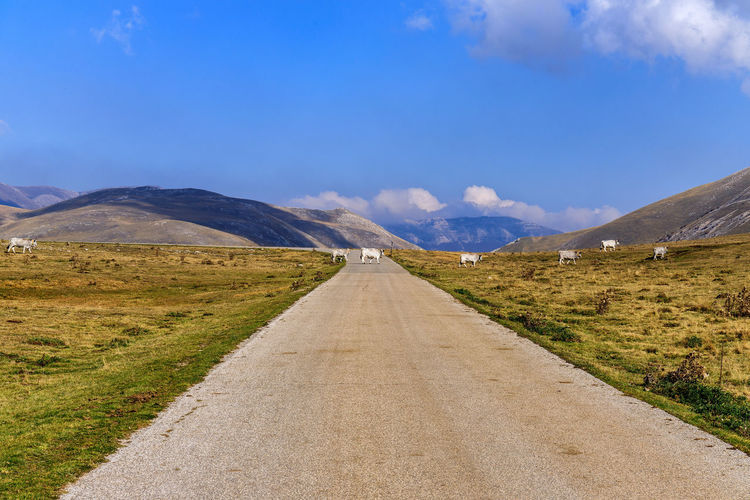 Road leading towards mountains against sky