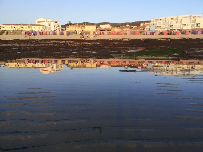 Reflection of buildings on water in city