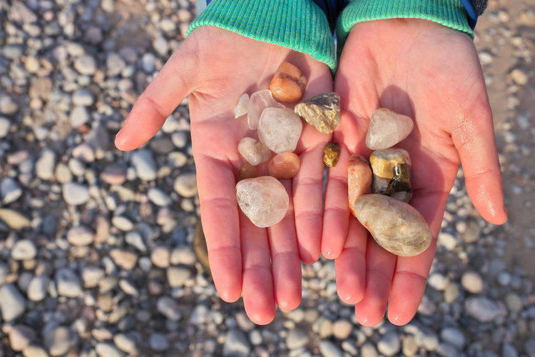 Close up of young hands holding rocks and pebbles collected on beach at georgian bay. copy space