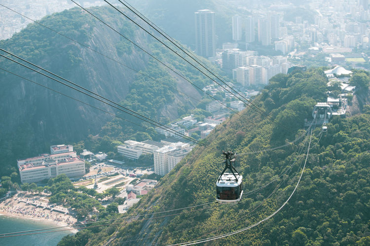 High angle view of overhead cable car amidst buildings in city