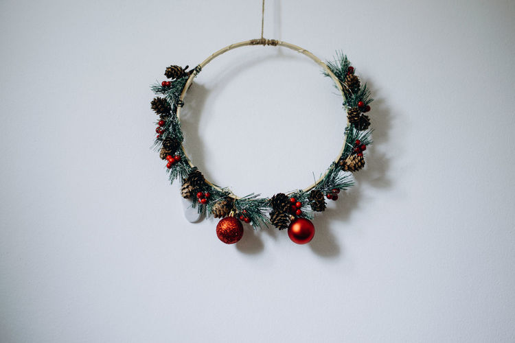 Close-up of christmas decorations on white background