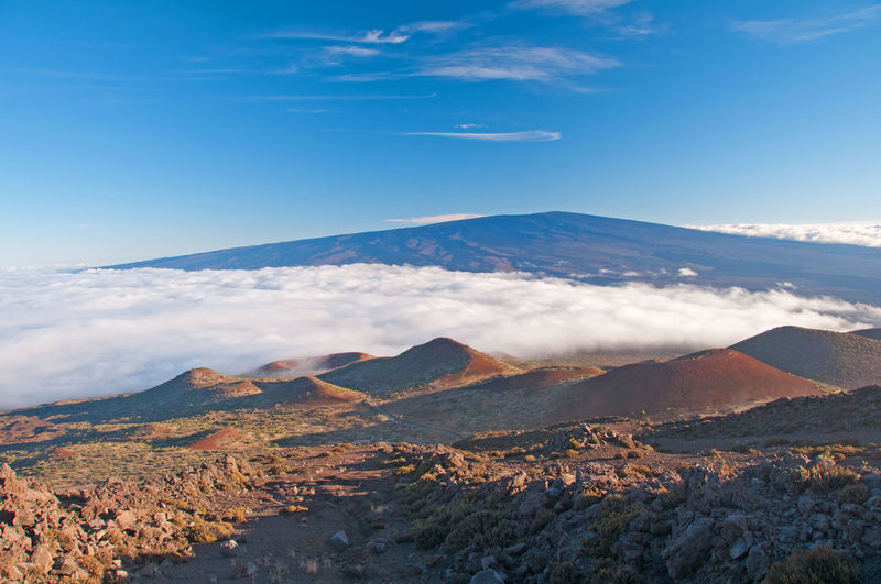 View of mauna loa from the slopes of mauna kea in the late evening