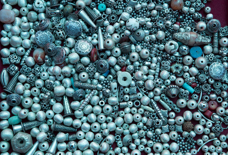 High angle view of beads on table