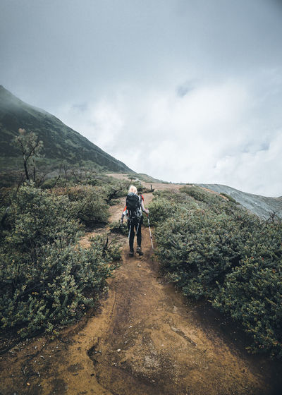 Rear view of man walking on trail against sky