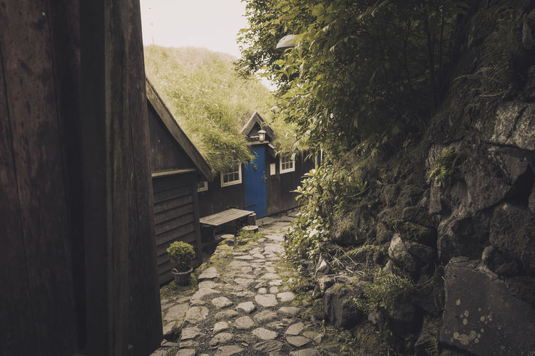 Footpath amidst trees and buildings in torshavn faroe islands 