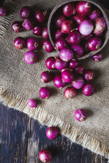 High angle view of purple onions
