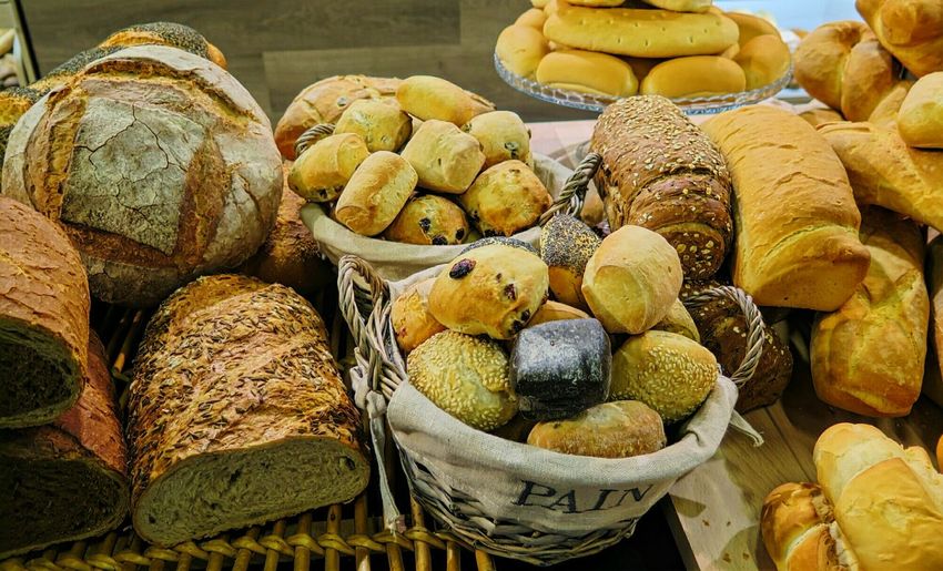 Close-up variety of bread on table