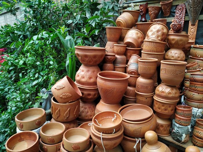High angle view of flower pots