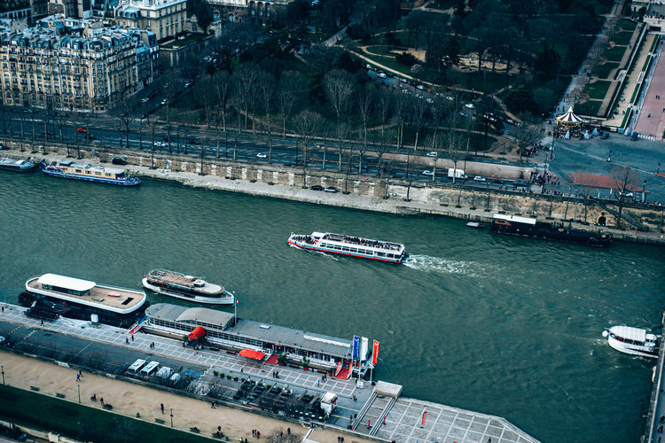 High angle view of ship by sea in city