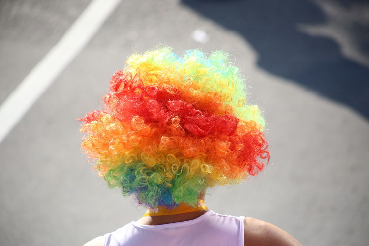Rear view of man wearing multi colored wig