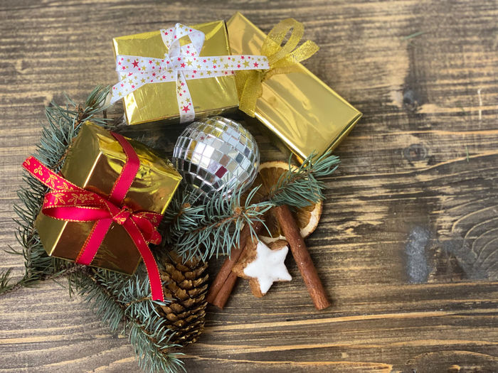 High angle view of christmas decorations on table