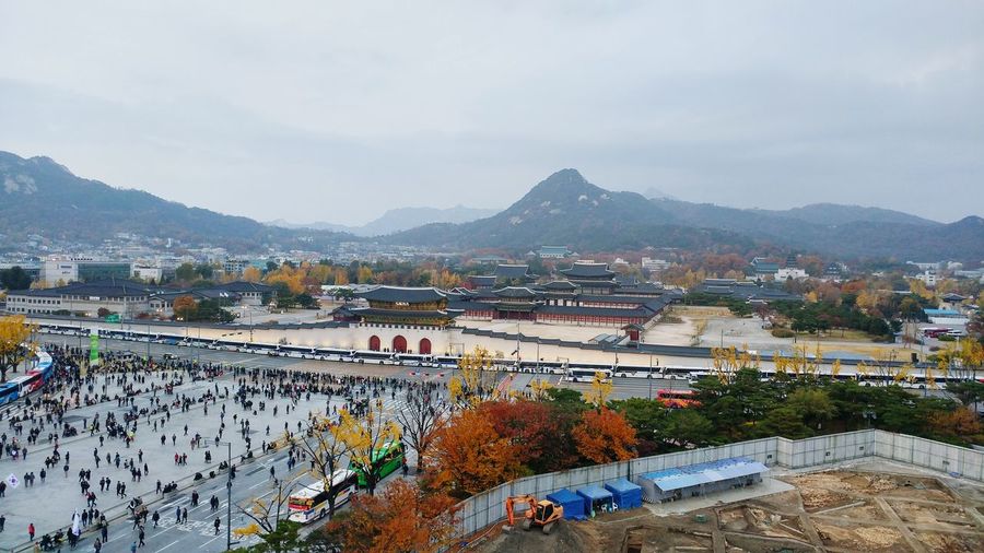 High angle view of gyeongbokgung palace against sky