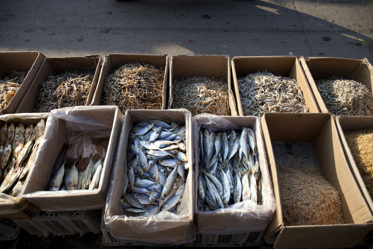 High angle view of dried seafood in boxes at fish market