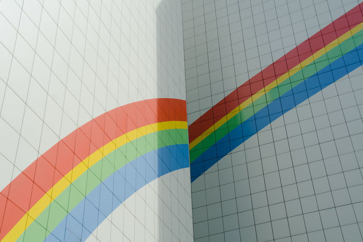 Low angle view of rainbow mural on building