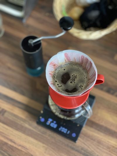 High angle view of coffee on table