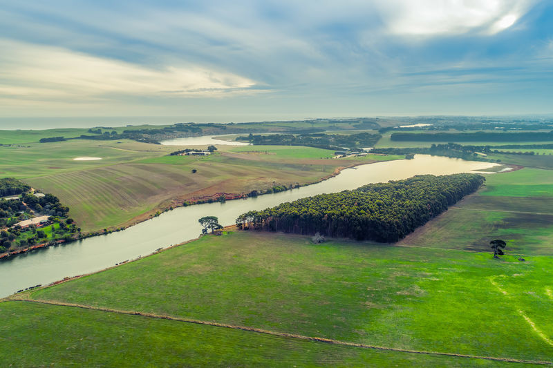 Aerial view of hopkins river and grasslands near warrnambool, australia