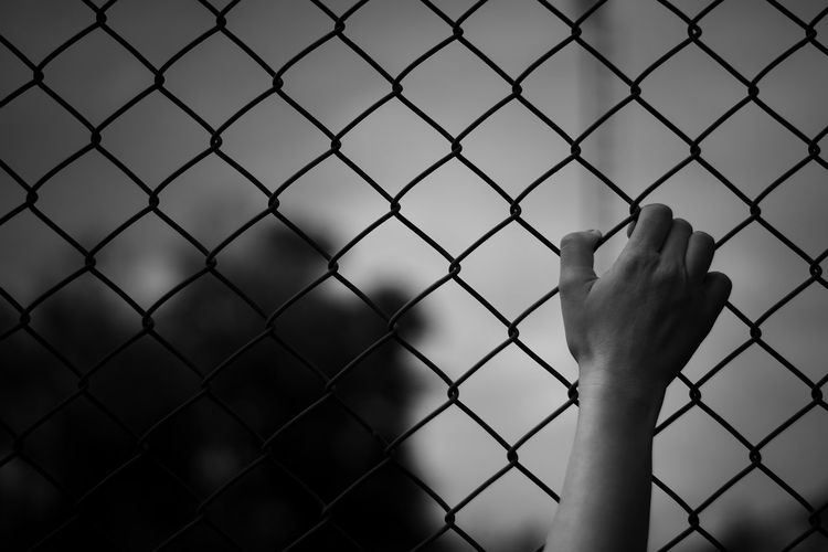 Close-up of hand on chainlink fence