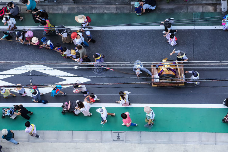 High angle view of people at market